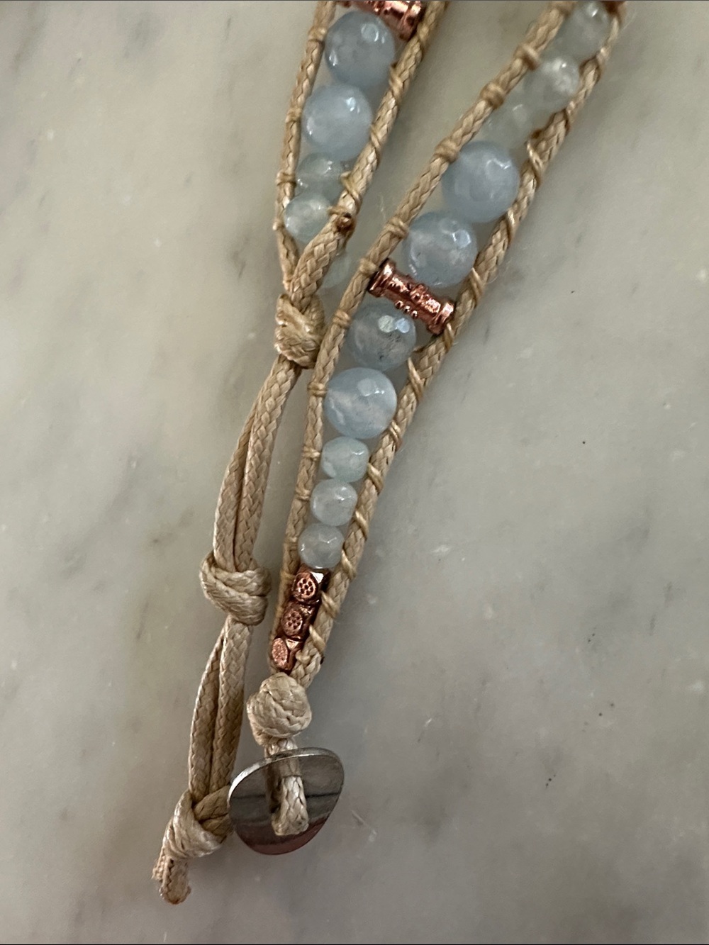 Handcrafted Light Blue Bead Wrap Bracelet with Rose Gold Accents - Picture 4 of 6